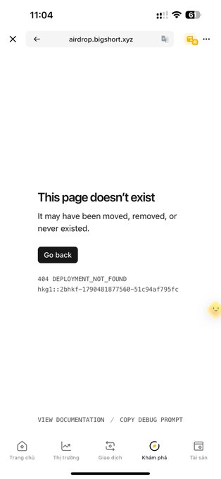 A mobile browser screenshot displays a 'This page doesn't exist' error message with a 'Go back' button on the URL airdrop.bigshort.xyz.