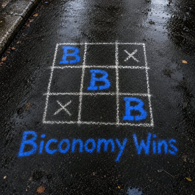 A chalk-drawn tic-tac-toe game on wet pavement with "B" winning against "X," captioned "Biconomy Wins" in blue chalk. The image ties into the post's playful metaphor of trading like a game, where Biconomy (B) triumphs over the competition (X), making "Biconomy Wins" the victorious outcome.