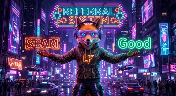 Cyberpunk-style digital artwork of an anthropomorphic fox wearing glowing goggles and a circuit-patterned hoodie, with neon signs reading 'REFERRAL SYSTEM', 'SCAM', and 'Good' in a futuristic cityscape.