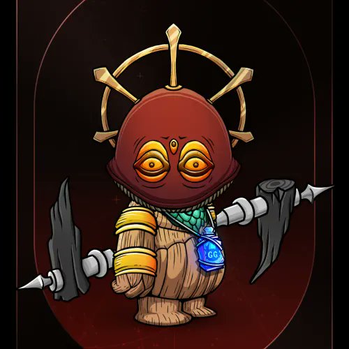 A stylized cartoon illustration of a character with a large red helmet/helmet-like face featuring glowing yellow eyes, wearing armor with green gems and holding two dark weapons against a dark red background.