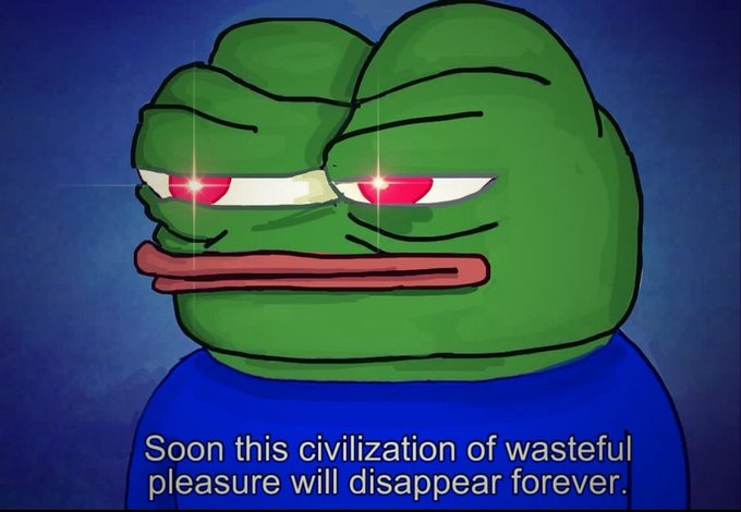 A classic Pepe the Frog meme is shown with glowing red eyes and a menacing expression, accompanied by the caption "Soon this civilization of wasteful pleasure will disappear forever." The dark, foreboding imagery pairs ironically with a cheerful "gm frens" post, creating a humorous contrast between the apocalyptic tone of the meme and the lighthearted crypto greeting.