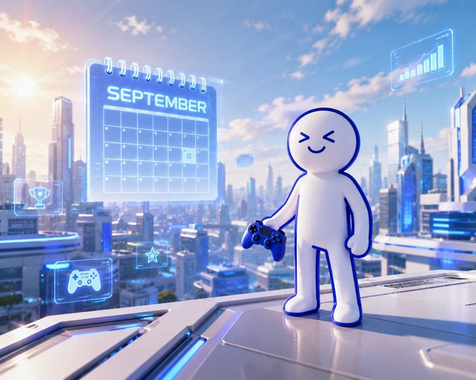 A cheerful white cartoon character holding a blue game controller stands on a rooftop overlooking a futuristic city, with a holographic 'SEPTEMBER' calendar and various gaming icons floating in the air.