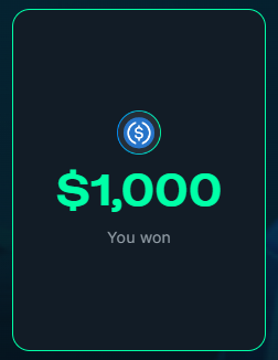 A digital notification card with a green border displaying a dollar sign icon, the text '$1,000', and 'You won' on a dark background.