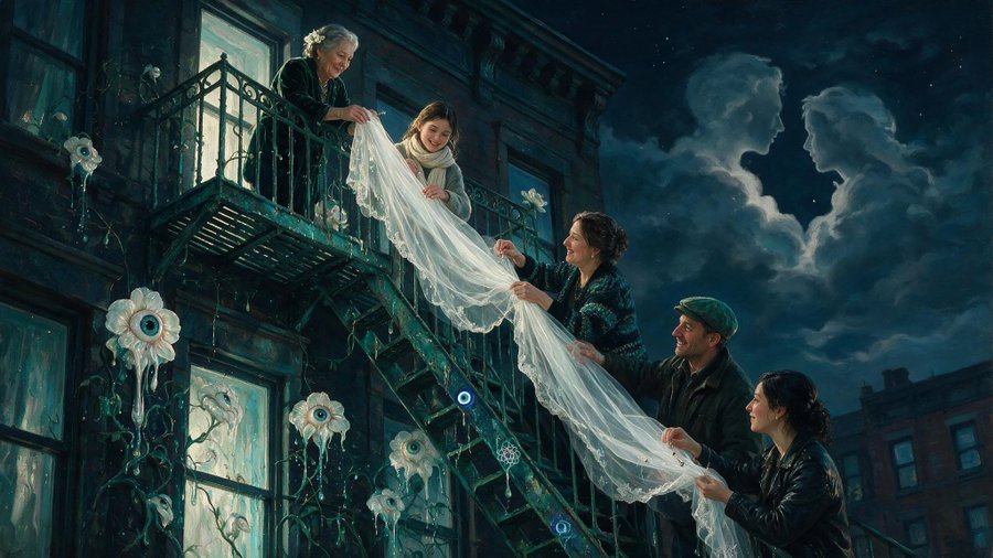 A surreal, painterly digital artwork depicting people on an old fire escape, carefully lowering a long, translucent white veil down towards giant, eye-like flowers below, with a night sky featuring cloud-shaped faces.