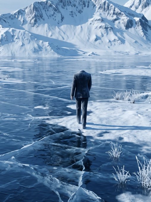 A surreal scene shows a headless man in a suit walking across a frozen, cracked ice surface toward snow-covered mountains.