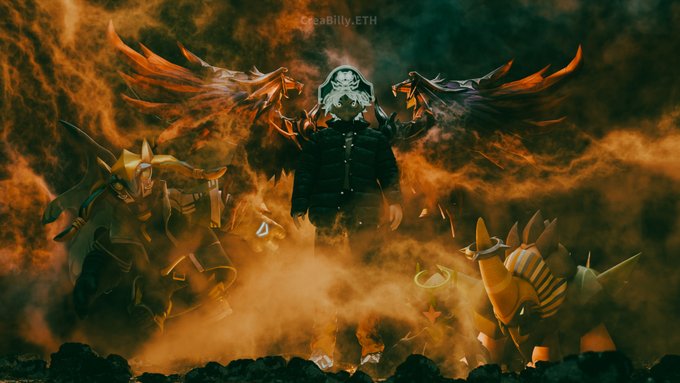 A hooded figure with large dark wings stands amidst flames and rocky creatures, projecting resilience. The watermark "CosBilly.ETH" appears at the top, and the fiery, battle-ready scene visually reinforces the post's message of standing firm despite others shutting down.