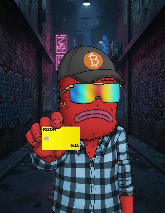 A red cartoon fish character wearing a Bitcoin cap and rainbow-tinted sunglasses holds up a yellow "RIZON VISA" card in a neon-lit graffiti alley. The image promotes the Rizon crypto card app, aligning with the post's endorsement of its cashback rewards, low fees, and referral code "DAMI."