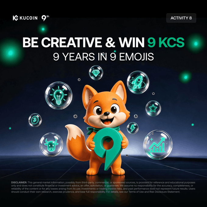 A KuCoin promotional graphic for their 9th-anniversary "Activity 8" challenge invites users to "BE CREATIVE & WIN 9 KCS" by describing their crypto journey in "9 YEARS IN 9 EMOJIS," featuring the orange KuCoin fox mascot holding the number 9 surrounded by bubbles with crypto-related emojis (diamond, rocket, Bitcoin, lightbulb, bull, lightning, star, and growth chart).