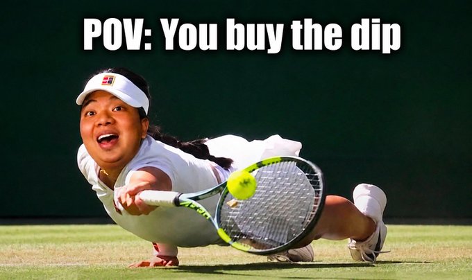 A tennis player dives low to make a challenging shot, with text overlaid reading "POV: You buy the dip," humorously illustrating the post about buying stock market dips. The player's outstretched effort mirrors the willingness to invest during market downturns.