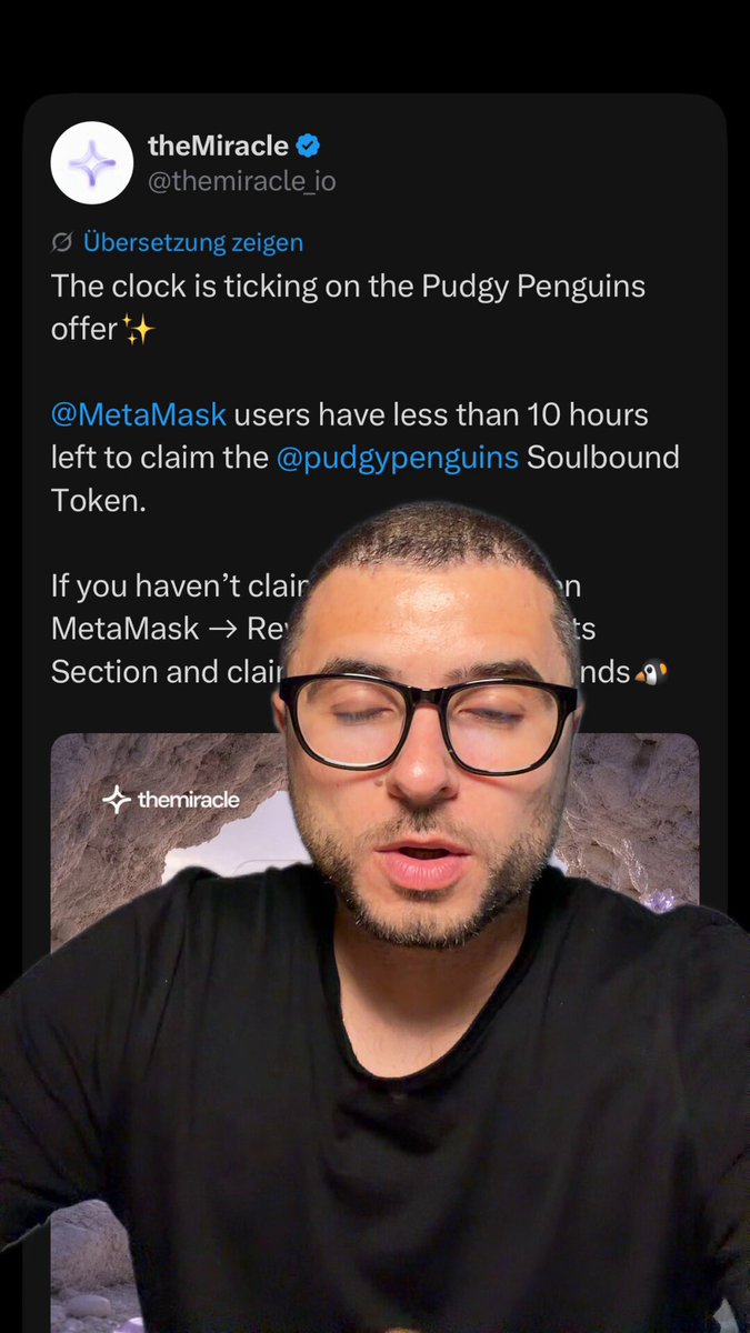 The image shows a man wearing glasses, sitting at a table with his head tilted back as if he's looking up or down. The caption of the image reads "This is how you can claim your pudgy SBT." which seems to be related to the post about claiming Bitcoins on Twitter.