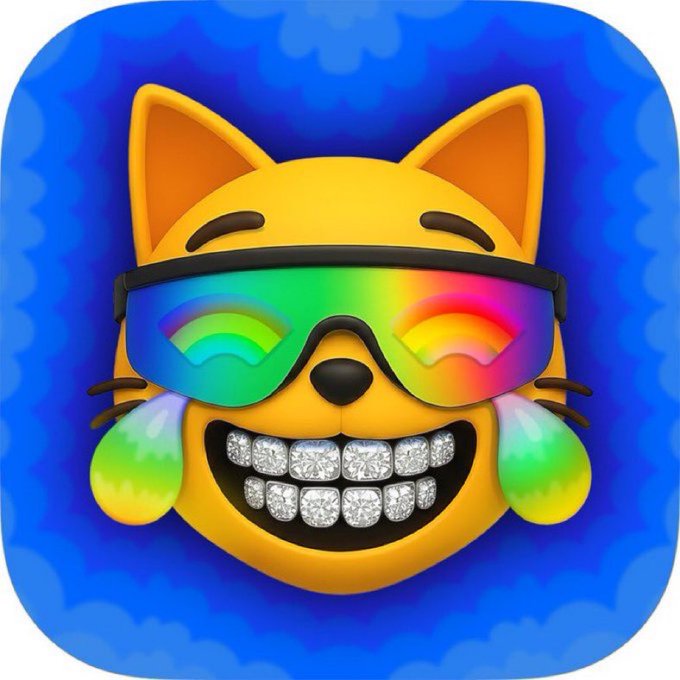 A yellow cat emoji wearing rainbow-lensed sunglasses and sparkling diamond-encrusted grillz, with rainbow-colored tears streaming down, set against a blue background. The image visually embodies the "love... laugh..." sentiment through its joyful, blinged-out expression, perfect for expressing excitement about MOG.