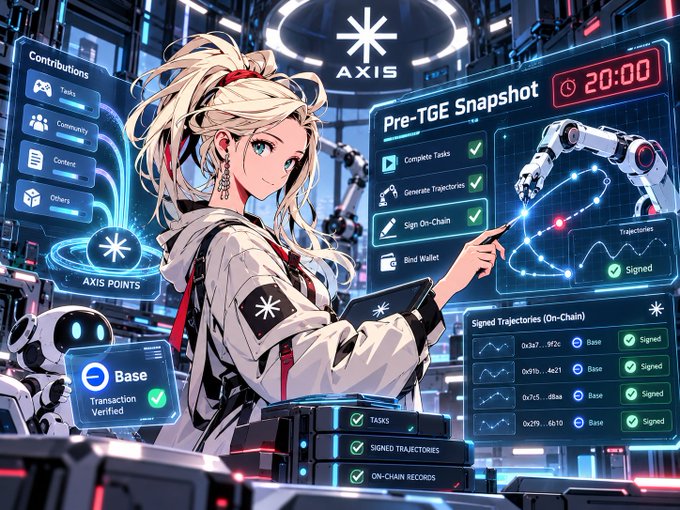 An anime-style illustration shows a blonde woman in a futuristic setting interacting with a 'Pre-TGE Snapshot' interface featuring 'AXIS', 'Contributions', 'Base Transaction Verified', and 'Signed Trajectories (On-Chain)' panels.