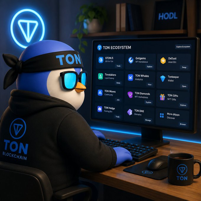 The image features a cartoon penguin wearing glasses, sitting at a desk with a computer monitor displaying a screen filled with various cryptocurrency information. The penguin appears to be working or studying about cryptocurrencies, as indicated by the text "Good night @ton_blockchain Family".