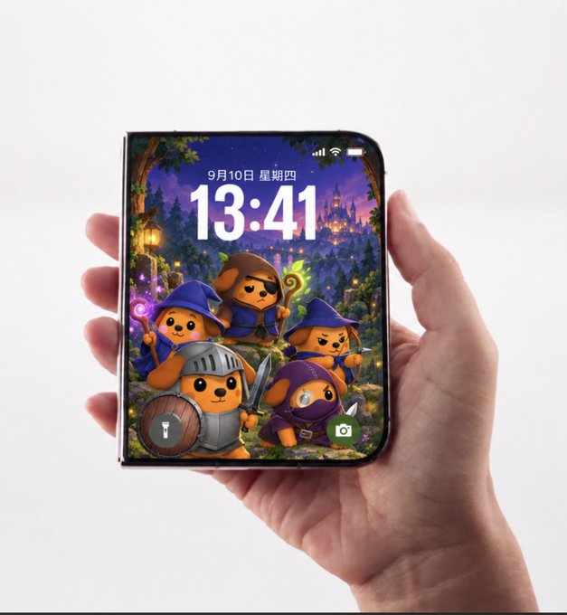A person's hand holding a smartphone displaying a lock screen with the time 13:41 on September 10 (Thursday), featuring a wallpaper of cute cartoon puppies dressed as fantasy characters like a wizard, knight, and archer.