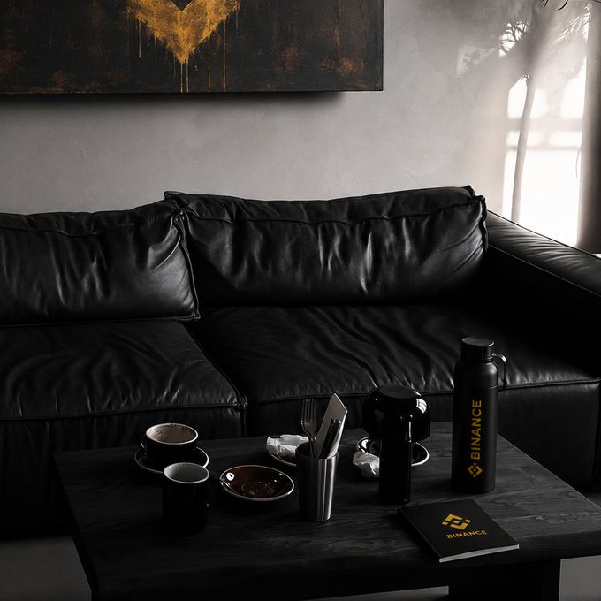 A black leather sofa sits behind a dark coffee table holding a "BINANCE" branded water bottle, matching black tumbler, espresso cups, and a "BINANCE" notebook, embodying the post's theme of "Binancism" through its all-black, minimalist aesthetic accented only by the brand's signature gold logo.