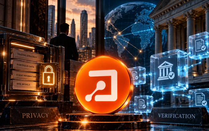 A digital illustration depicting financial privacy and verification themes, featuring a central orange logo with a network node symbol, flanked by a vault labeled 'PRIVACY' (Trading Strategy, Portfolio Data, Client Information, Risk Models) and glowing blue data cubes labeled 'VERIFICATION' set against a cityscape.