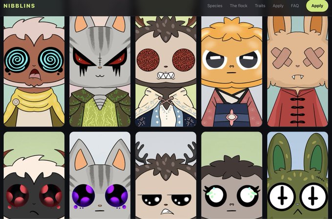 A screenshot of the NIBBLINS NFT project website showing a grid of various cartoon-style animal character portraits with different traits and species.