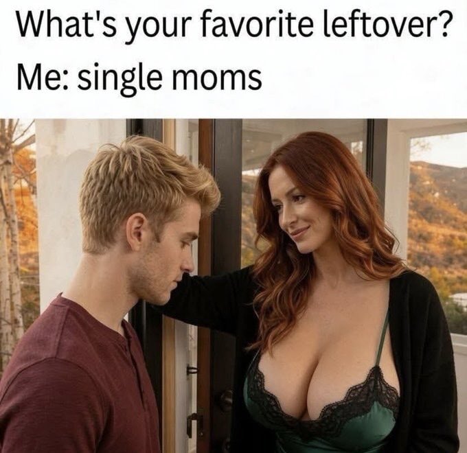 A meme with the caption 'What's your favorite leftover? Me: single moms' showing a young blonde man and a red-haired woman in a green lace bra looking at each other.