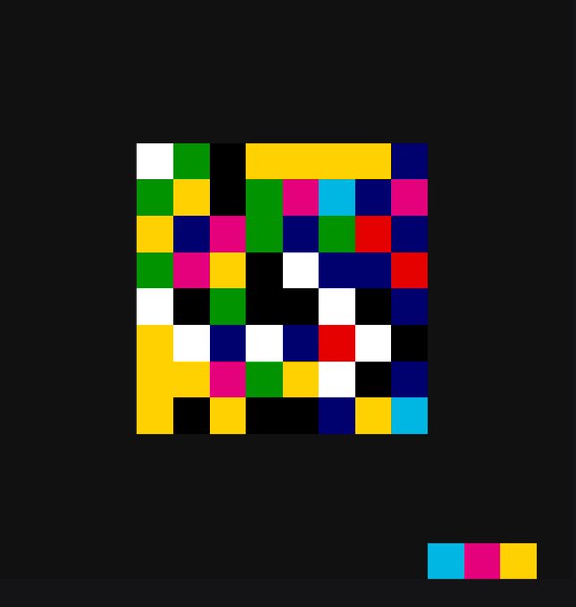 A pixelated mosaic of colorful squares arranged in a grid pattern with three additional squares (cyan, magenta, and yellow) in the bottom right corner, set against a black background. This appears to be a rare "Credits" NFT by artist @jackbutcher, recently acquired by the poster, featuring his signature minimalist pixel-art style.