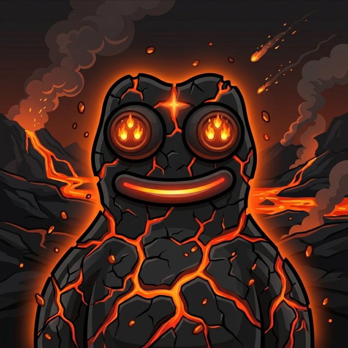 A cartoonish lava monster with fiery cracks and flame-filled eyes smiles against a volcanic backdrop of erupting lava, fitting the fiery "20X GTD" giveaway announcement for @PepeWars_. The intense, molten imagery visually reinforces the excitement of the free mint reward.