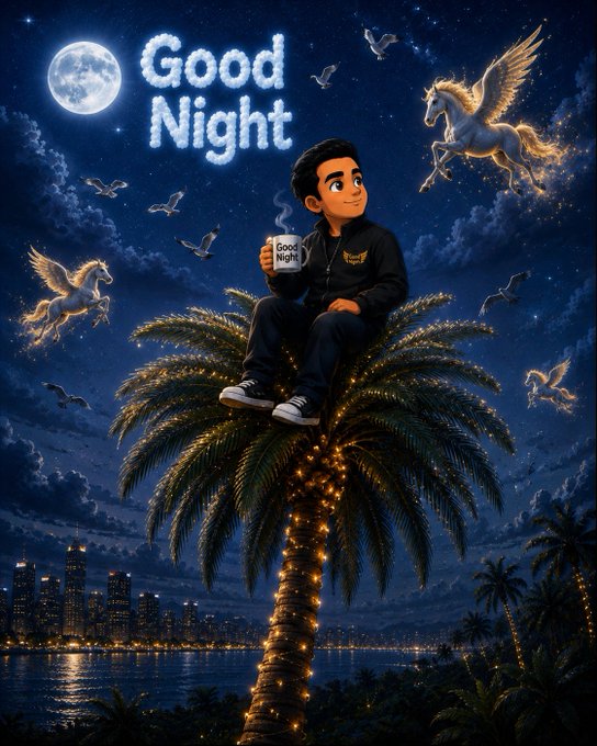 A digital illustration shows a young man sitting atop a palm tree holding a mug labeled "Good Night," with the text "Good Night" floating in the sky alongside Pegasus figures, seagulls, and a full moon over a city skyline.
