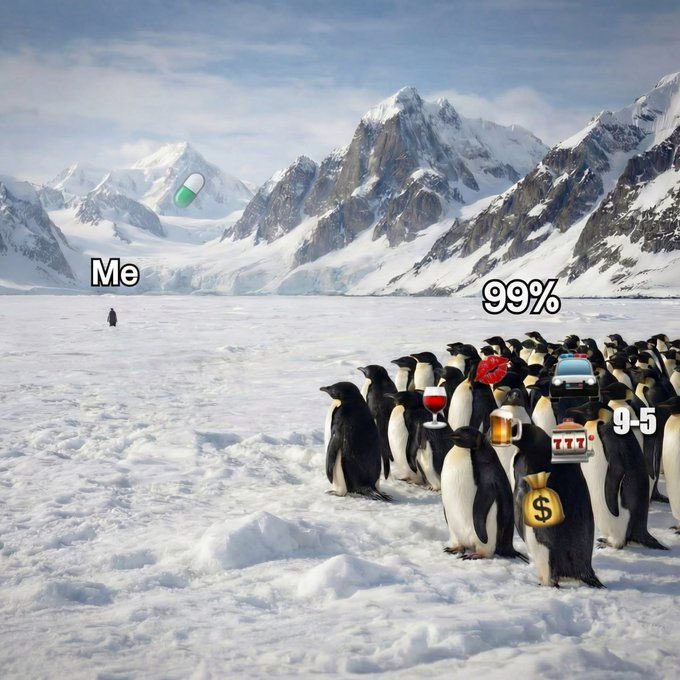 A group of penguins, some standing still and others taking a stroll or simply walking around with various objects attached to their feet such as bottles, bags, or cups. One penguin wearing a backpack has an amount of money on its feet. The penguins are positioned in front of a snowy mountain backdrop, possibly implying a sense of travel or exploration for these friendly animals despite the cold weather conditions.