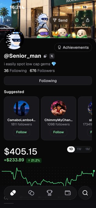 A screenshot of a Robinhood social/profile page for user '@Senior_man' showing 676 followers, with suggested accounts like 'CamaboLambda' and 'ChimmyMyChan', and a stock chart displaying $405.15 with a +21.2% gain.