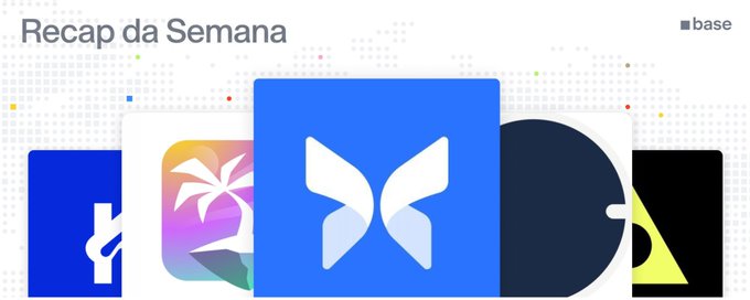 A 'Recap da Semana' (Week Recap) graphic showing app icons including Shortcuts, Photos, a butterfly logo, and other app symbols with a world map dotted background.