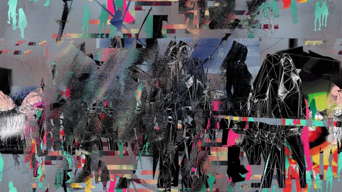 An abstract digital art composition featuring chaotic glitch effects, geometric shapes, silhouetted figures, and a vibrant mix of neon pink, green, blue, and black colors.