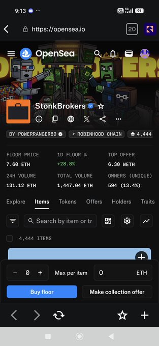 A screenshot of the OpenSea NFT marketplace showing the "StonkBrokers" collection with a floor price of 7.60 ETH (+28.8% 1D), 1D volume of 131.12 ETH, and 594 unique owners. The image visually supports the post's promotion of the $StonkBroker collection, showcasing its current floor price and trading activity as the author urges buyers to purchase one.