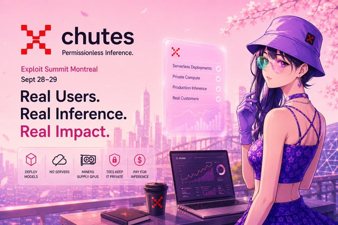 A promotional graphic for Chutes featuring an anime-style character in purple attire next to a laptop displaying analytics, with bold text reading "chutes - Permissionless Inference" and "Real Users. Real Inference. Real Impact." alongside event details for "Exploit Summit Montreal Sept 28-29," highlighting features like serverless deployments, no servers, miners supply GPUs, and pay-for-inference pricing. The image visually reinforces the post's message about Chutes being live proof that permissionless GPUs can deliver production inference at the Exploit Summit.