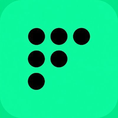 An app icon featuring a pattern of six black dots arranged in an 'F' shape on a bright green background.