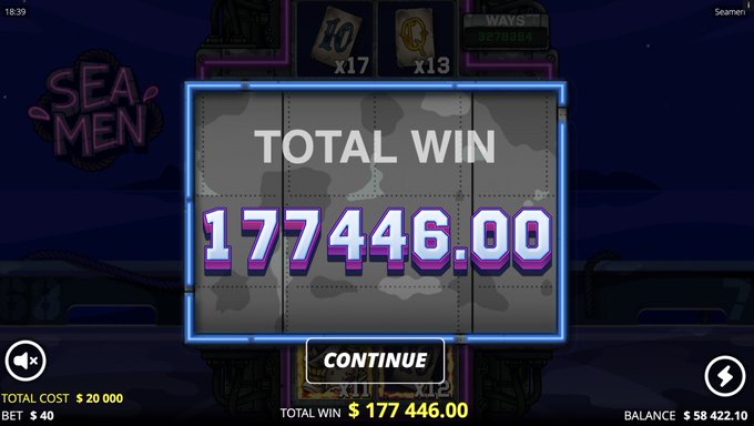 A screenshot from a "Seamen" slot game shows a "TOTAL WIN" of $177,446.00 from a $40 bet, with a balance of $58,422.10 displayed—highlighting a massive payout to celebrate alongside the streaming call-to-action.