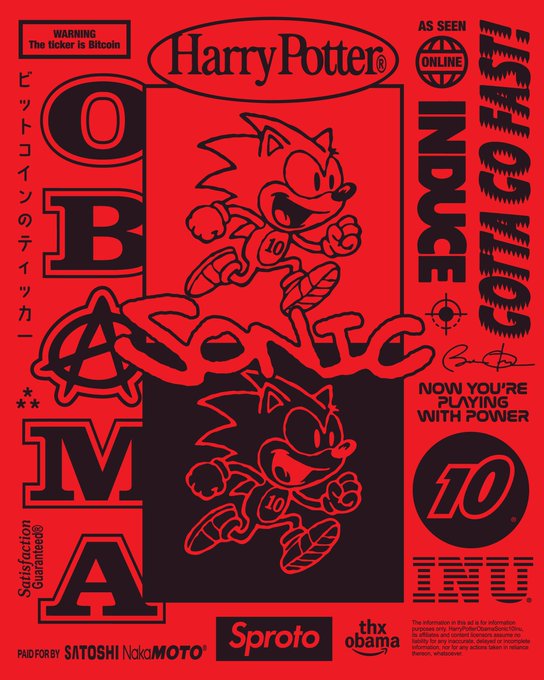 A red and black graphic design parodying Harry Potter and IBM branding, featuring Sonic the Hedgehog imagery and text including 'SONIC', 'INDICE', 'NOW YOU'RE PLAYING WITH POWER', 'PAID FOR BY SATOSHI NakaMOTO', and 'thx obama'.
