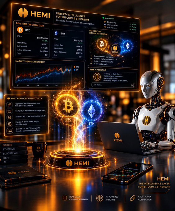 A futuristic promotional graphic for 'HEMI - Unified Intelligence for Bitcoin & Ethereum,' displaying real-time on-chain data, market trends, BTC and ETH price information ($83,550.00 and $2,685.40), an AI assistant, and a humanoid robot at a laptop.