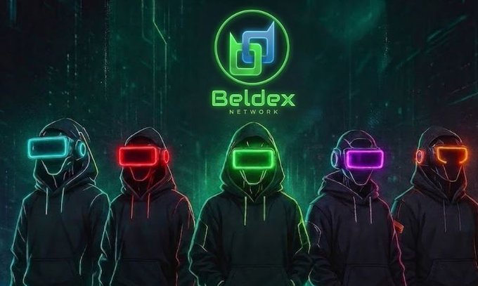 Promotional artwork for 'Beldex Network' featuring five hooded figures wearing illuminated VR-style headsets in cyan, red, green, magenta, and orange, with the network's logo above them.