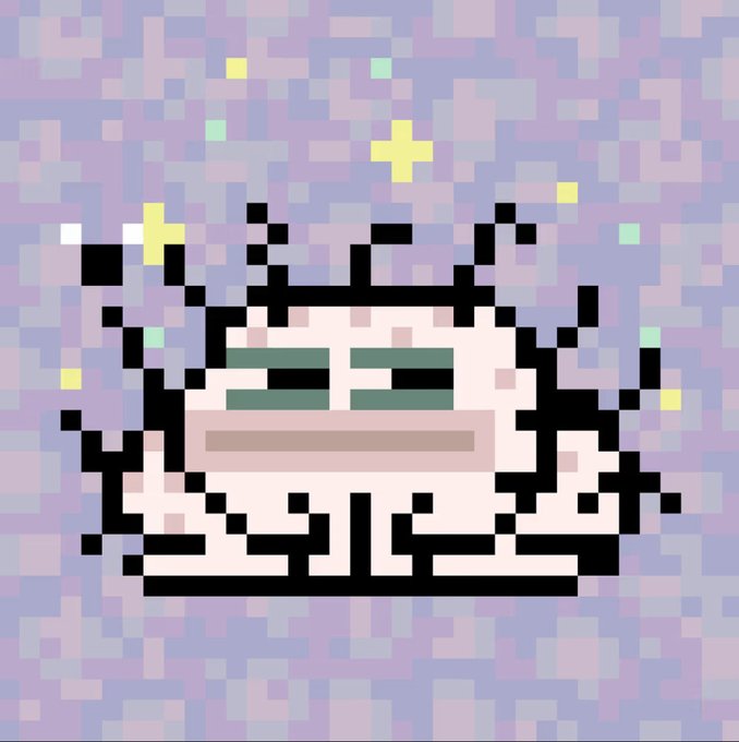 A pixel art image depicts a small character with spiky black hair and a green face mask against a purple tiled background.