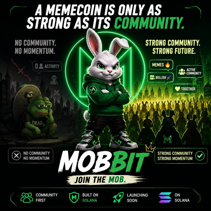 A promotional graphic for a memecoin called 'MOBBIT' featuring a cartoon rabbit in a green hoodie, contrasting 'NO COMMUNITY. NO MOMENTUM' with 'STRONG COMMUNITY. STRONG FUTURE' and noting it is built on Solana.