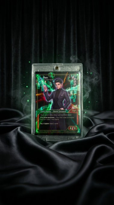 A collectible trading card of the character Ren from the series 'The God of High School,' sealed in plastic packaging and displayed against a dark satin background.