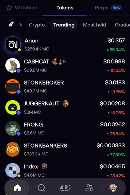 A mobile app screen showing a 'Tokens' tab with trending cryptocurrencies including Anon ($0.357, +55.94%), CASHCAT ($0.0998), STONKBROKER ($0.0183), JUGGERNAUT ($0.00208), FRONG ($0.000262), STONKBANKERS ($0.000333, +77.60%), and Index ($0.000465).