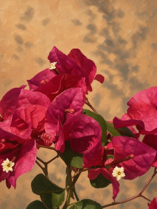 A vibrant painting of pink bougainvillea blossoms with small white flowers set against a textured golden background, which visually embodies the "Eternal Blush" title in the Tezos NFT listing. The artwork's warm, sunlit aesthetic complements the celebratory "#TEZOSTUESDAY" post promoting this 5/5 edition piece priced at 12 XTZ.