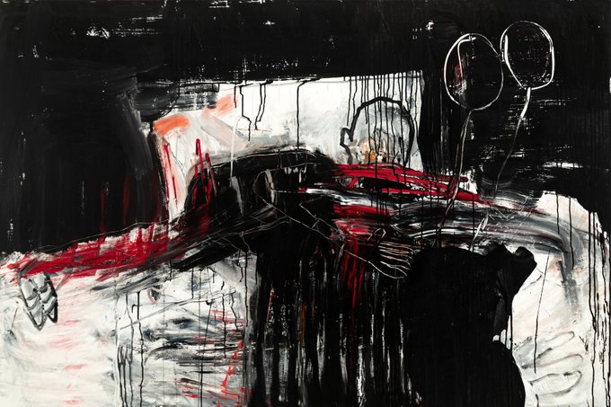 An abstract expressionist painting featuring bold black, white, and red brushstrokes with dripping paint effects and circular shapes in the upper right.