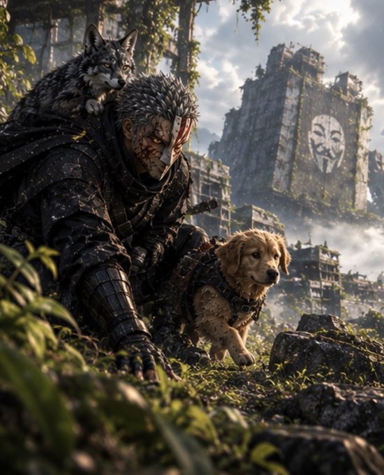 A fantasy digital artwork of a warrior in dark spiked armor with a wolf perched on his shoulders, alongside a golden retriever, set in a lush jungle with ancient ruins bearing a masked face statue in the background.