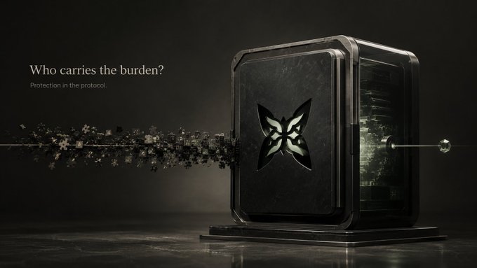 A dark, futuristic cube featuring a butterfly emblem is shown with particles streaming into it, alongside the text "Who carries the burden? Protection in the protocol."

The image reinforces the post's message about community strength by visualizing QuipNetwork's protocol as a protective structure that absorbs and processes collective input, symbolizing how shared ideas and questions sustain the project's foundation.