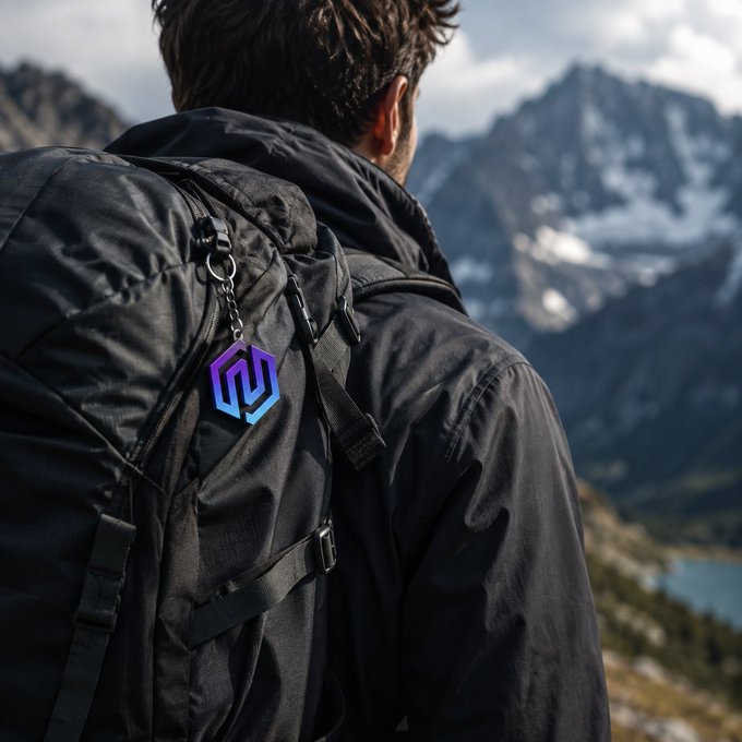 A hiker with a backpack adorned by a hexagonal "Cryptic" logo gazes out at a majestic, snow-capped mountain landscape, embodying the post's message of taking Cryptic on every adventure.