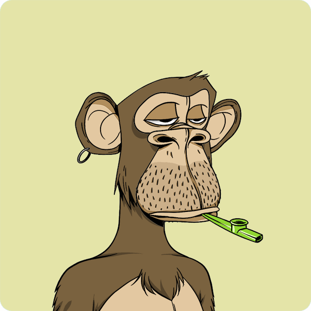 A cartoon drawing of a bored-looking brown monkey with an earring, smoking a green joint against a pale yellow background.
