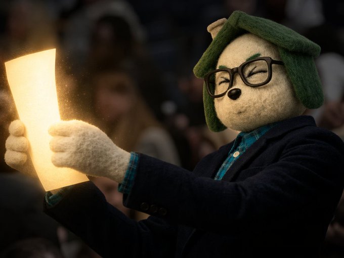 A teddy bear character wearing a green trapper hat, glasses, and a blazer holds up a glowing paper lantern in a crowd, appearing to celebrate or participate in a vigil-like event. The image relates to "pons v2" by showcasing a whimsical, cinematic scene that may represent a new version or iteration of a project involving this charming mascot character.