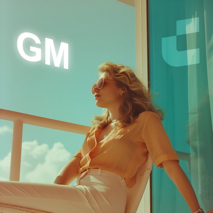 A stylish woman with sunglasses and blonde hair lounges on a balcony in an orange top and white pants, with "GM" displayed in bold white letters in the upper left, playfully playing on the social media greeting against a teal sky background.