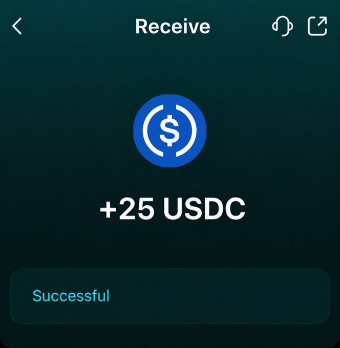 A mobile app screen displaying a successful receipt of "+25 USDC" with the message "Successful" shown below. This directly illustrates the post's claim of receiving $25, used as proof to encourage others to share their wallets for a similar transaction.