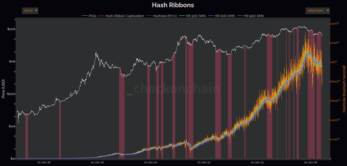 The image shows a bar graph with several lines representing Hash Ribbons. The graph displays the current state of hash ribbons over time, indicating that the coin mining industry has peaked. This can be seen as an important point in the history of Bitcoin, where the mining activities took off and reached a high level before plateauing. It is crucial for investors to pay attention to this information when making decisions about their cryptocurrency investments or exploring new opportunities within the space.